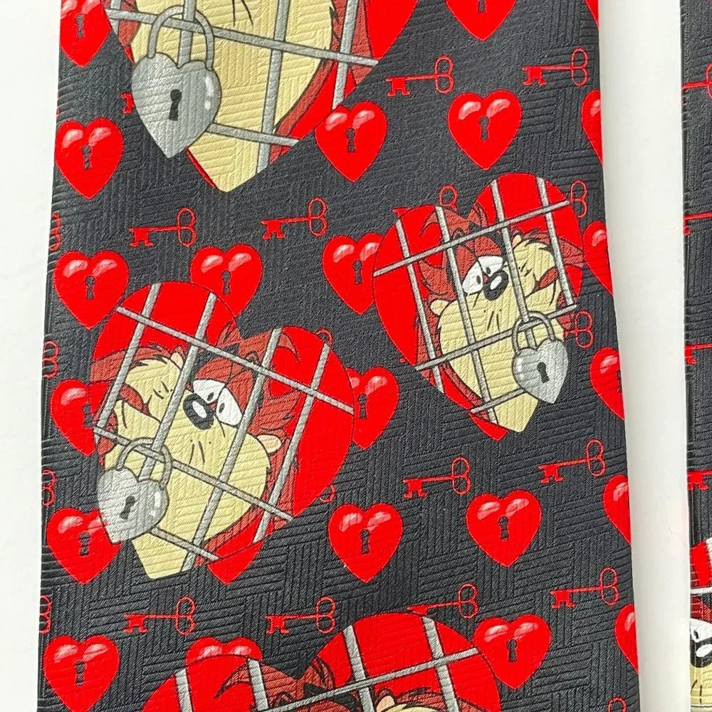 Vintage Looney Tunes Necktie Black Tasmanian Devil Love Heart Polyester Mens Tie